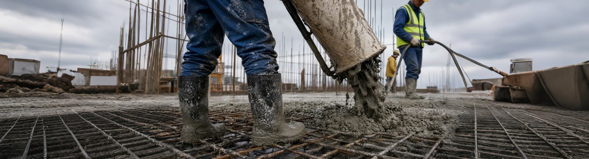 Construction worker wearing rain boots during concrete pouring work